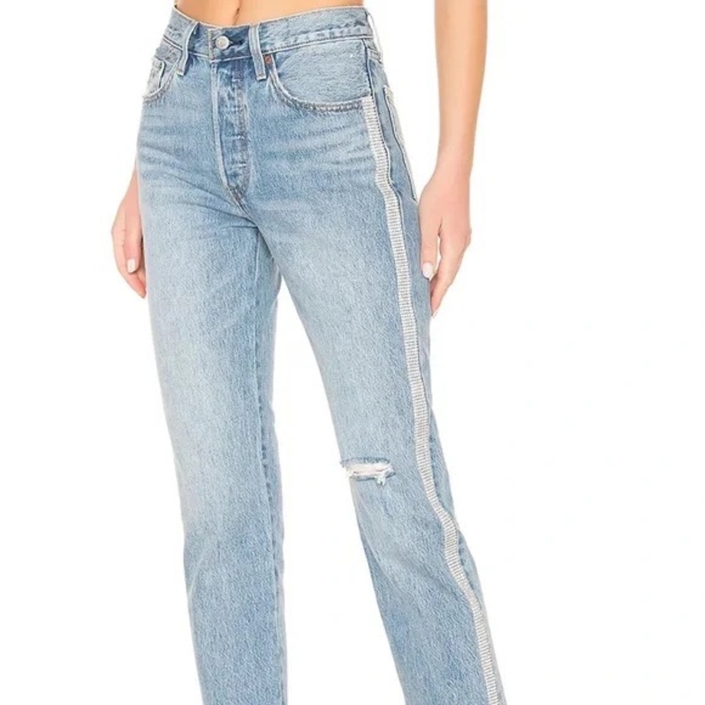 Levi’s 501 straight leg denim with Crystal embellishments on legs